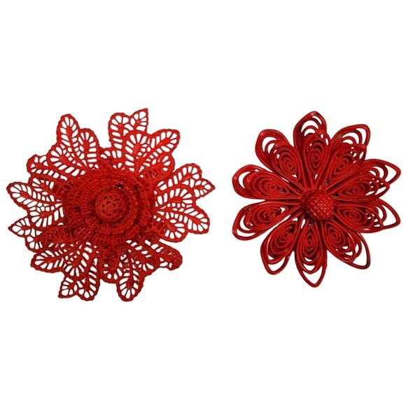 Vintage Art Deco Floral Brooches Red Celluloid Pair Statement Glam Jewelry‎ - Picture 1 of 8